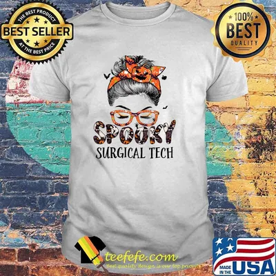 Messy Bun Spooky Surgical Tech Women Pumpkin Halloween Bat T-Shirt