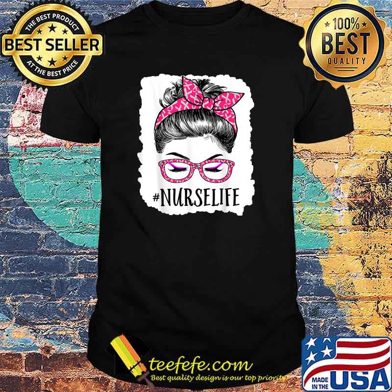 Nurse Life Girl with Pink Glasses Closed Her Eyes Breast Cancer Anniversary T-Shirt