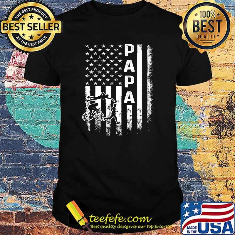 Papa American Flag Triathlon Running Swimming Bicycling T-Shirt
