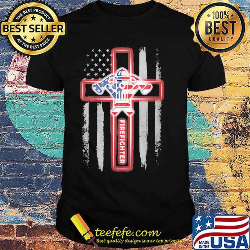 Proud firefighter cross christian american flag shirt