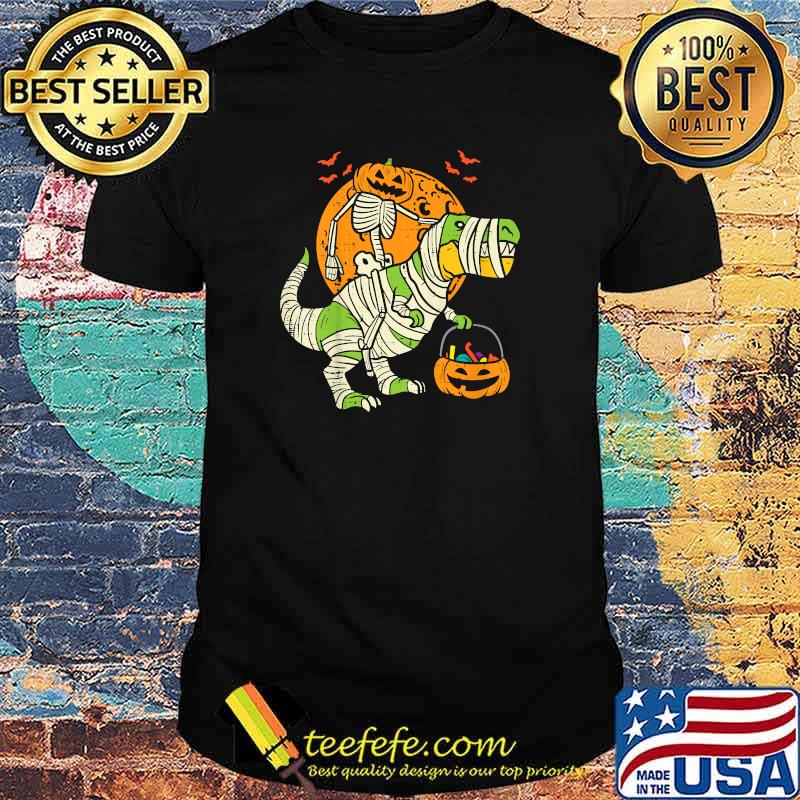 Pumpkin Skeleton On Trex Halloween Dinosaur T-Shirt