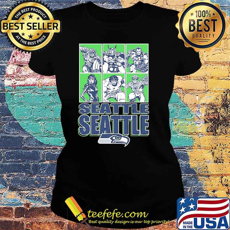 Seattle Seahawks Disney Marvel Avengers Line-Up s Ladies tee Seattle Seahawks Disney Marvel Avengers Line-Up s Ladies tee