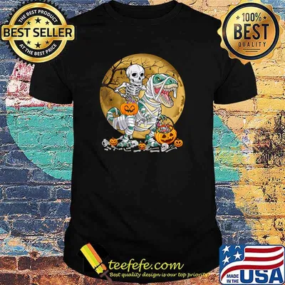 Skeleton Riding Dino Pumpkin Halloween T-Shirt