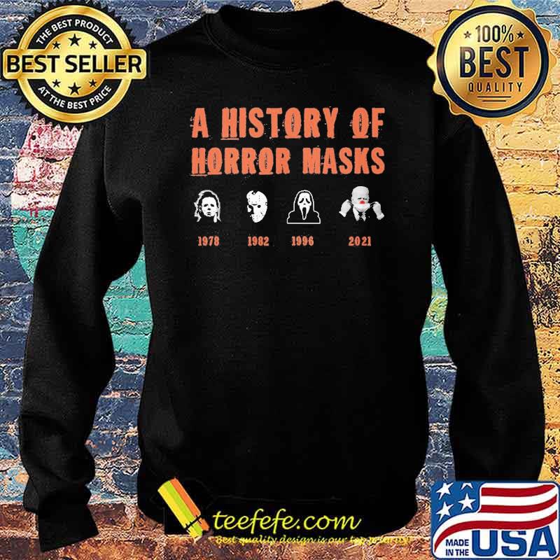 A history of horror masks 1978 michael myers Jason Voorhees 1982 ghostface 1996 joe biden clown 2021 s Sweater A history of horror masks 1978 michael myers Jason Voorhees 1982 ghostface 1996 joe biden clown 2021 s Sweater
