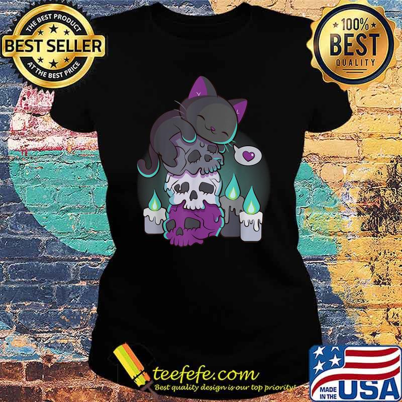 Asexual Pride Cute Black Cat on Skulls Kawaii Goth Aesthetic T-Shirt Ladies tee Asexual Pride Cute Black Cat on Skulls Kawaii Goth Aesthetic T-Shirt Ladies tee