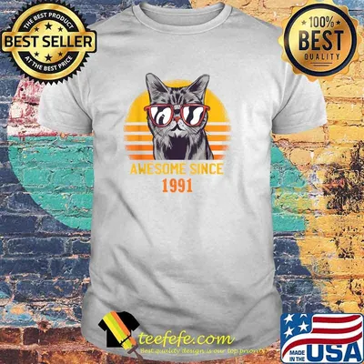 Awesome Since 1991 Cat Design Sunset For Men And Women T-Shirt
