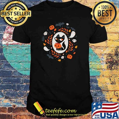 Black Cat And Pumkin Ghost Scary Halloween Costume T-Shirt