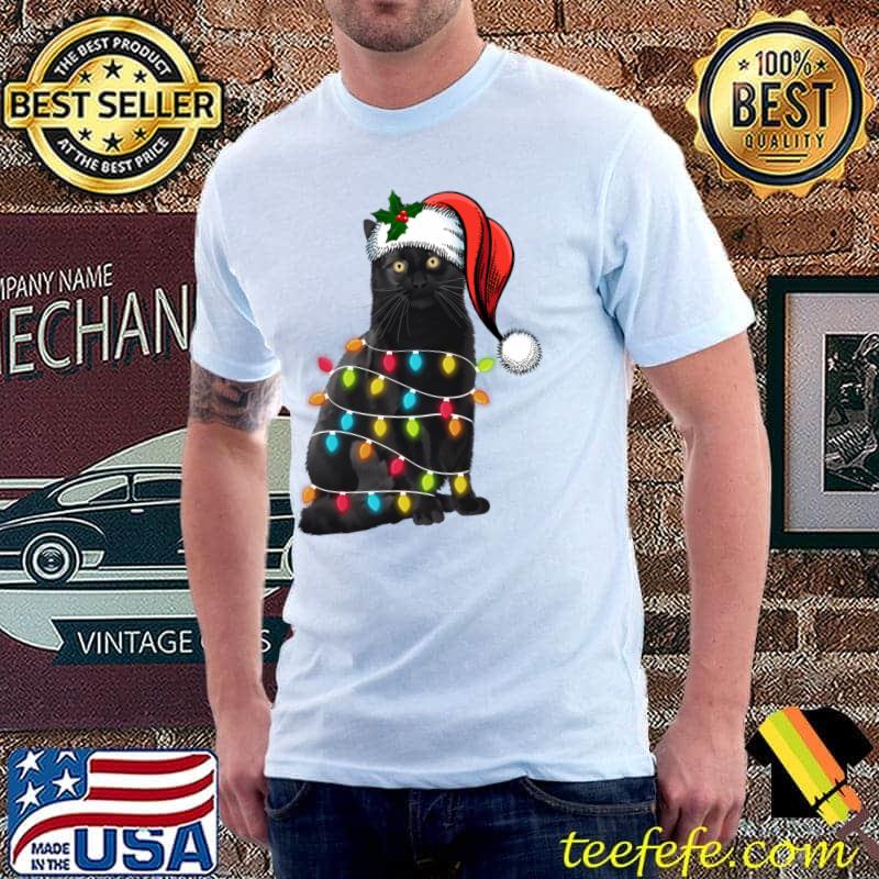 Black Cat with Santa Hat Christmas Tree Light Xmas Cat Lover T-shirt