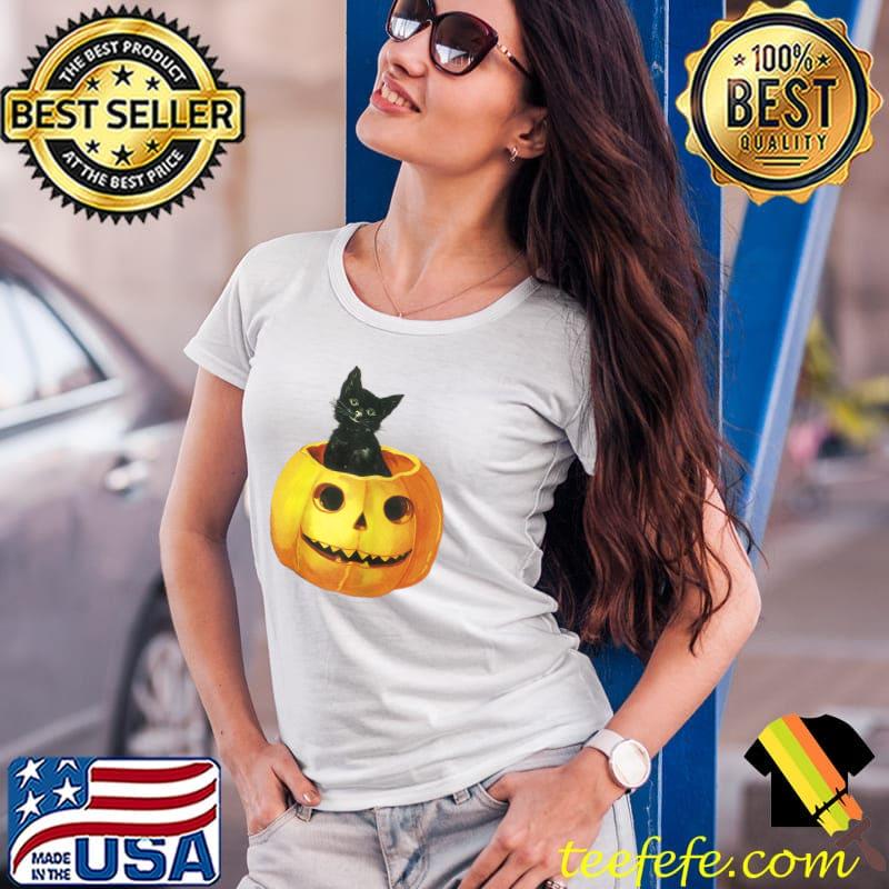 Black Halloween Cat in Jack-o'-lantern Vintage T-Shirt Ladies Tee Black Halloween Cat in Jack-o'-lantern Vintage T-Shirt Ladies Tee