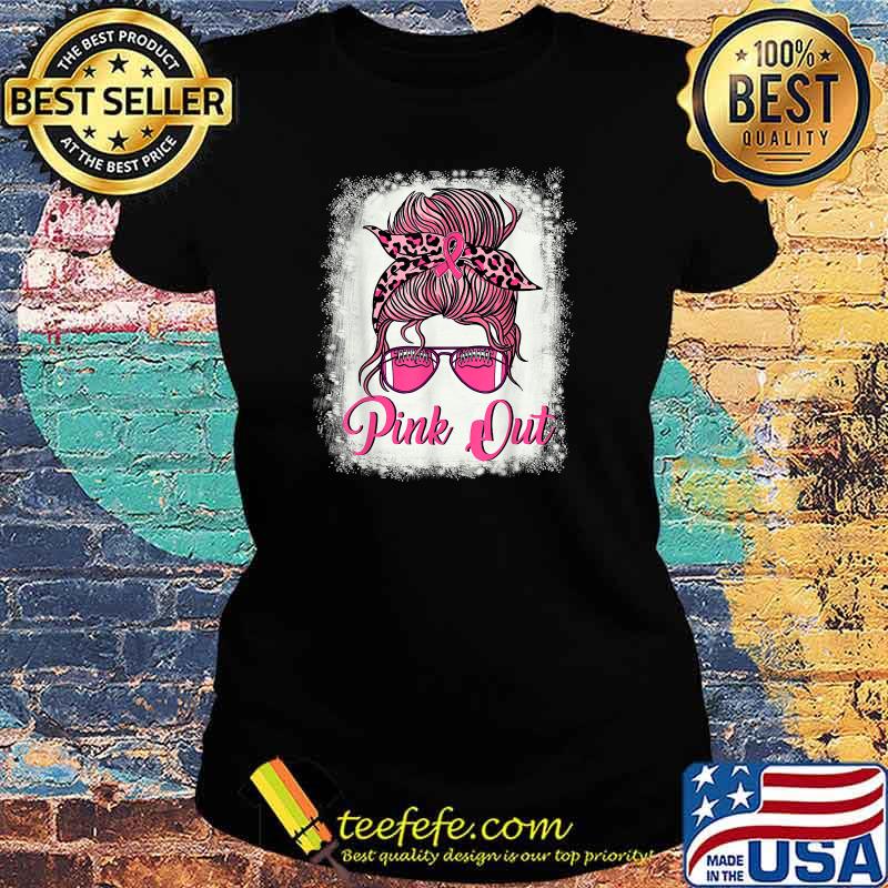 Bleached Pink Out Football Mom Messy Bun Pink Breast Cancer T-Shirt Ladies tee Bleached Pink Out Football Mom Messy Bun Pink Breast Cancer T-Shirt Ladies tee