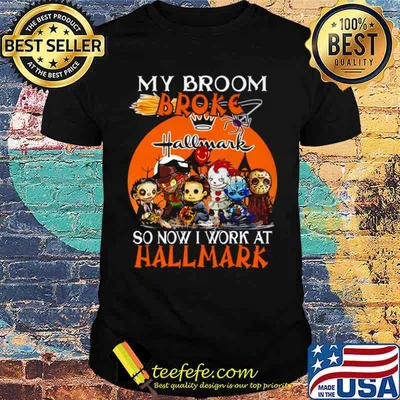 Chibi Horror characters my broom broke so now I work at Hallmark Cards Halloween shirt