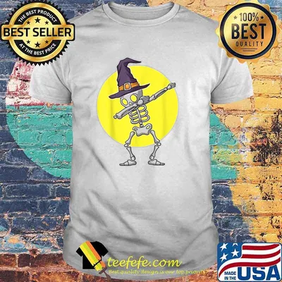 Dabbing Skeleton Witch Hat Fun Halloween Moon T-Shirt