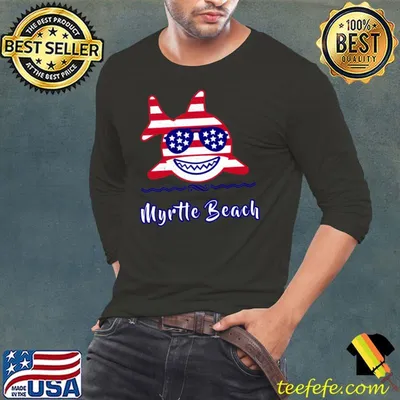 Distressed Myrtle Beach SC Patriotic USA Flag Whimsy Shark T-Shirt