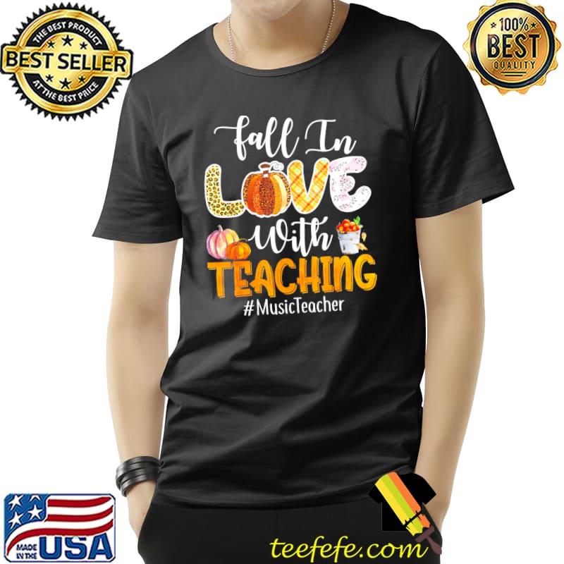 Fall in love with teaching music teacher leopard pumpkin shirt