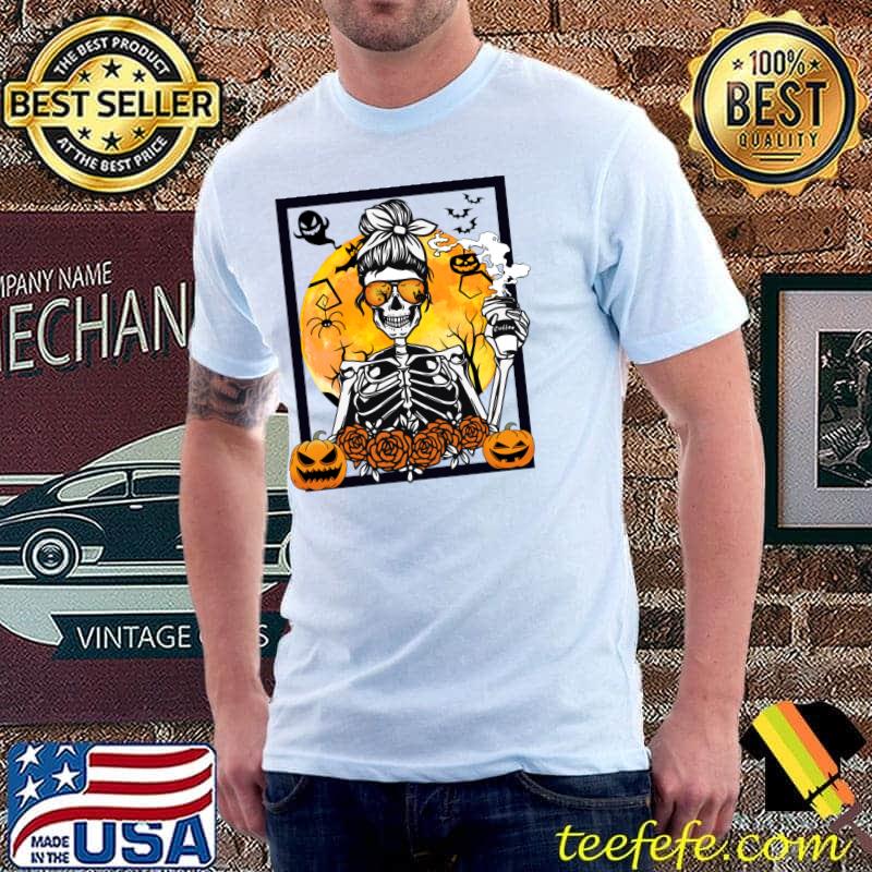 Floral Pumpkin Skeleton Messy Bun Drinking Coffee Halloween T-s Unisex Floral Pumpkin Skeleton Messy Bun Drinking Coffee Halloween T-s Unisex