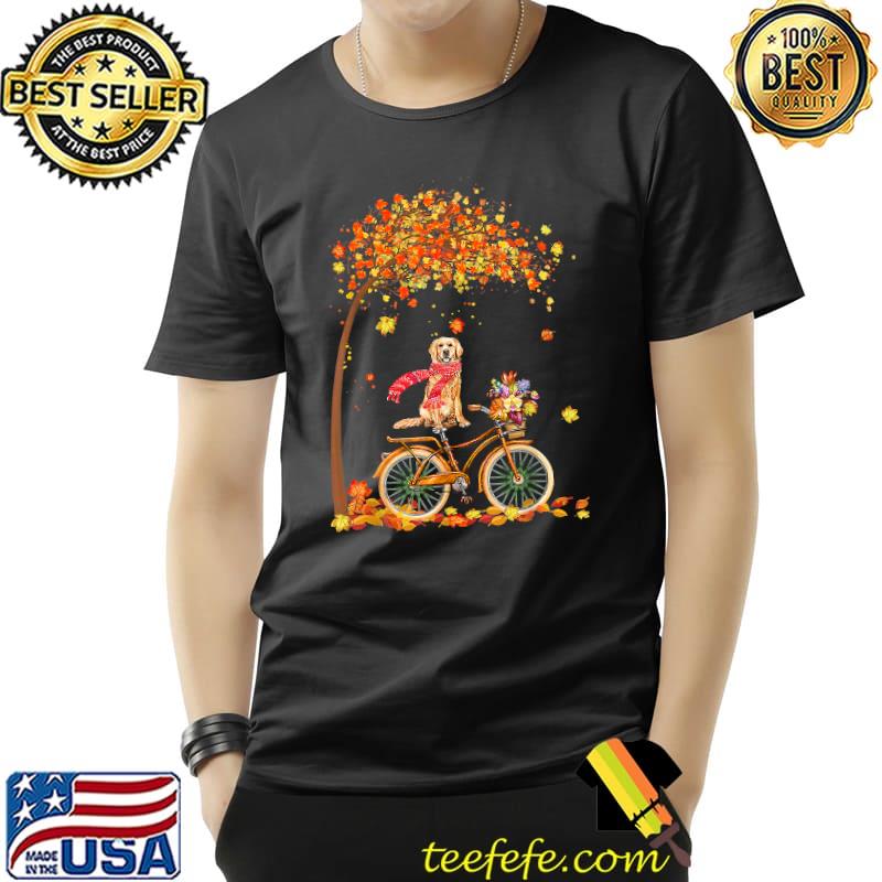 Golden Retriever Riding Bicycle Autumn Leaves Cute Fall T-Shirt