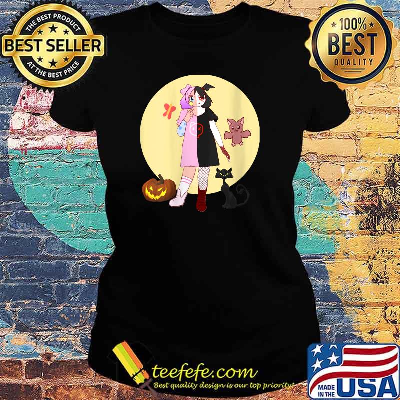 Half Vampire Girl with Pumpkin & Black Cat Halloween Special T-Shirt Ladies tee Half Vampire Girl with Pumpkin & Black Cat Halloween Special T-Shirt Ladies tee