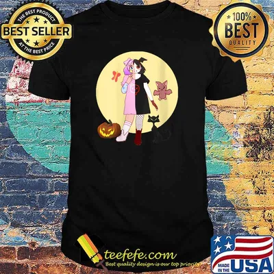 Half Vampire Girl with Pumpkin & Black Cat Halloween Special T-Shirt