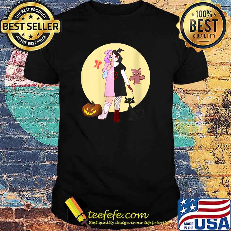 Half Vampire Girl with Pumpkin & Black Cat Halloween Special T-Shirt