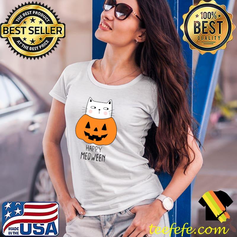 Happy Meoween Cat Pumpkin Halloween T-Shirt Ladies Tee Happy Meoween Cat Pumpkin Halloween T-Shirt Ladies Tee