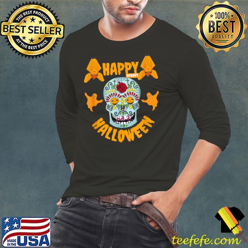 Happy Spooky Halloween Pumpkin Eyes Skeleton Bats & Ghosts T-Shirt Long Sleeve Tee Happy Spooky Halloween Pumpkin Eyes Skeleton Bats & Ghosts T-Shirt Long Sleeve Tee