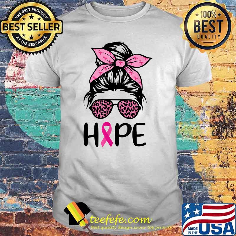 Hope Messy Bun Leopard Pink Ribbon Breast Cancer Awareness T-Shirt