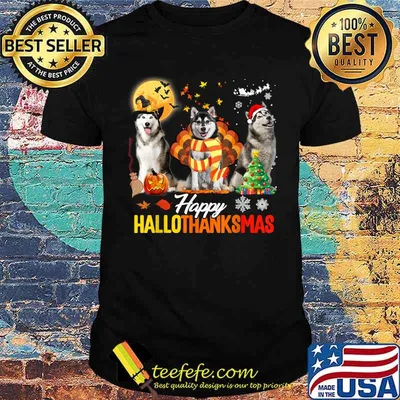 Husky Dog Happy Hallothanksmas Halloween Thanksgiving Xmas T-Shirt