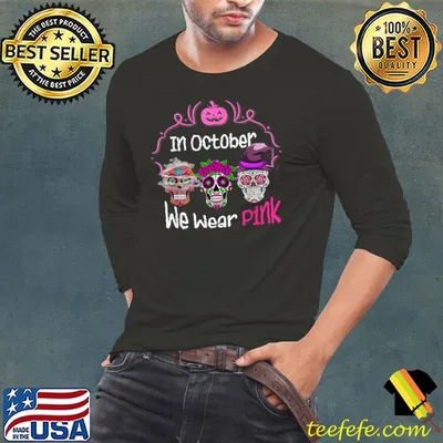 In October Wear Pink Sugar Skull Breast Cancer Day of Dead Halloween T-Shirt