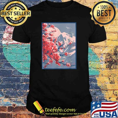 Japanese Cherry Blossom Tree Sakura Mountains Woodblock Art T-Shirt