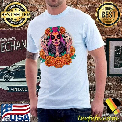 La Catrina Skull Flowers Dia De Los Muertos T-Shirt