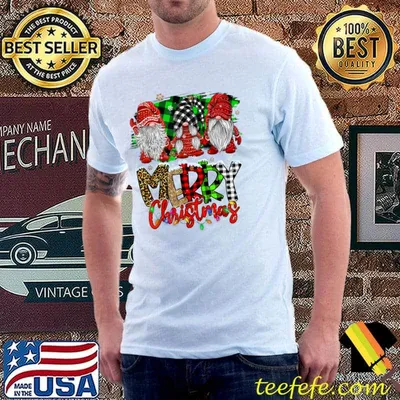 Merry Christmas Santa Gnome Buffalo Plaid Leopard Xmas Light T-Shirt