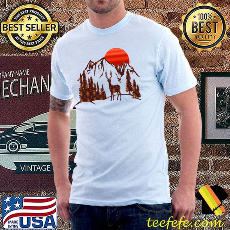 Mountains and Setting Sun Print using Deer Pattern T-s Unisex Mountains and Setting Sun Print using Deer Pattern T-s Unisex