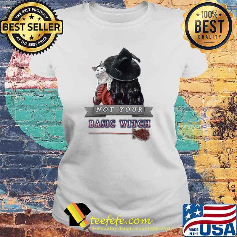 Not Your Basic Witch with a White Cat on a Black Background T-Shirt Laides tee Not Your Basic Witch with a White Cat on a Black Background T-Shirt Laides tee