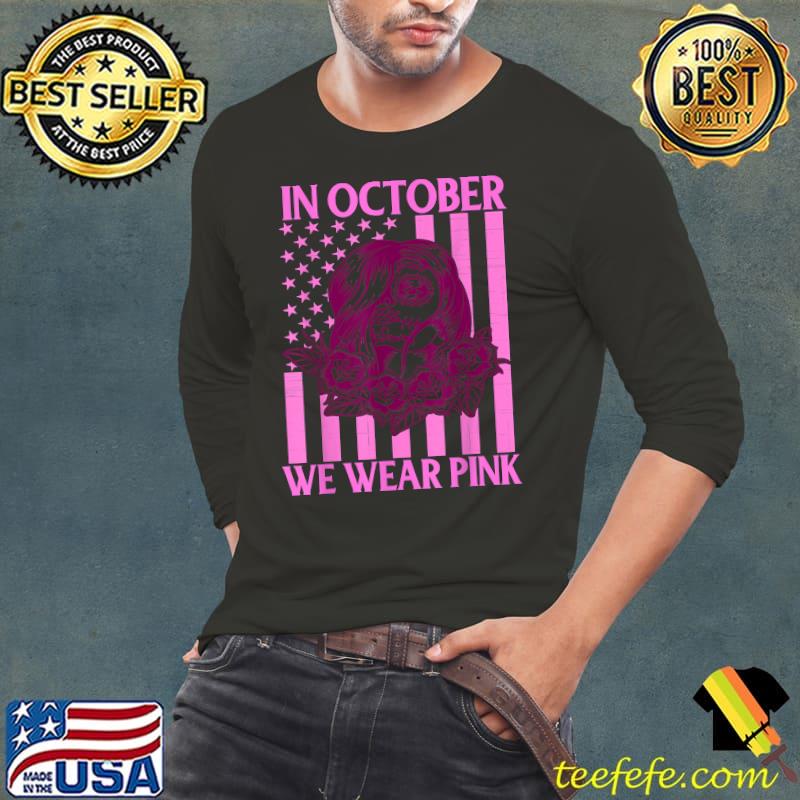 October We Wear Pink Skeleton Flag Breast Cancer Awareness T-Shirt