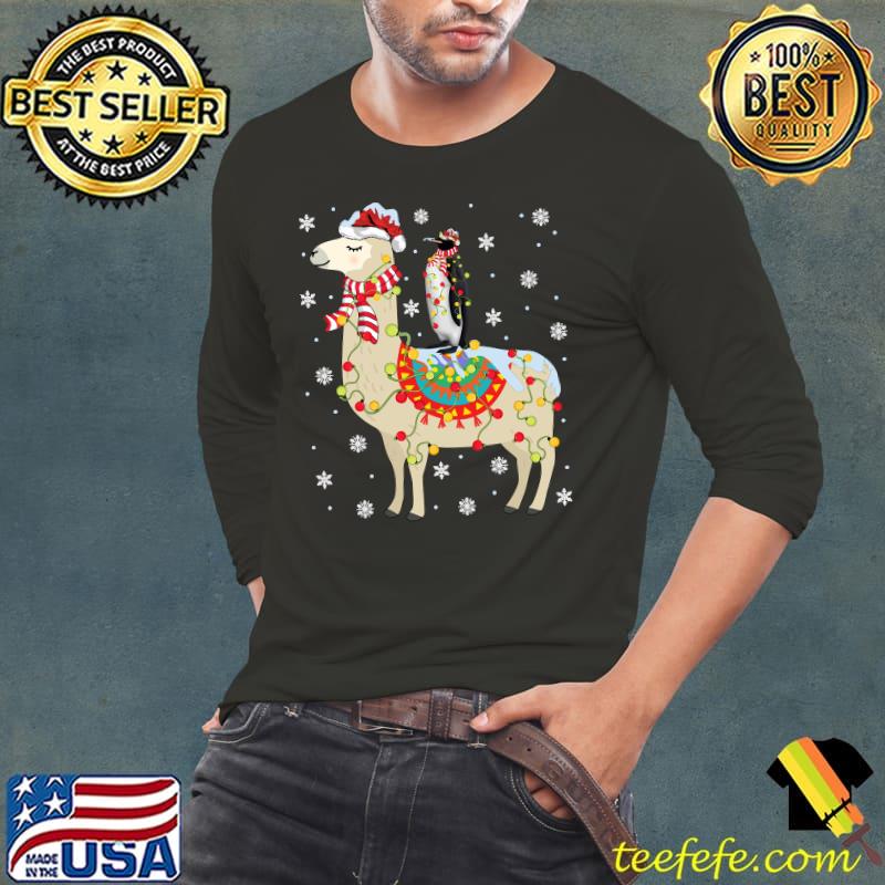 Penguins Lover Xmas Lighting Penguin Riding Llama Christmas T-shirt