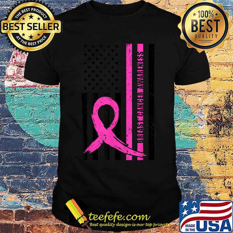 Pink Ribbon Breast Cancer Awareness Month American Flag T-Shirt