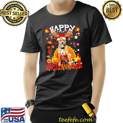 Pitbull Dog Happy Hallothanksmas Halloween Thanksgiving Xmas shirt