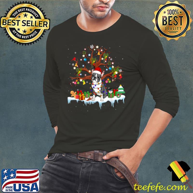 Santa Boston Terrier Dog Wearing Christmas Hat Tree Lights T Shirt Long Sleeve Tee Santa Boston Terrier Dog Wearing Christmas Hat Tree Lights T Shirt Long Sleeve Tee