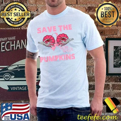 Save The Pumpkins Skeleton Hand Breast Cancer Pink Ribbon halloween T-Shirt