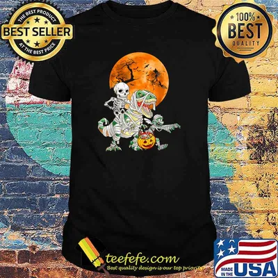 Skeleton Riding Mummy Dinosaur T rex Halloween Funny Pumpkin T-Shirt
