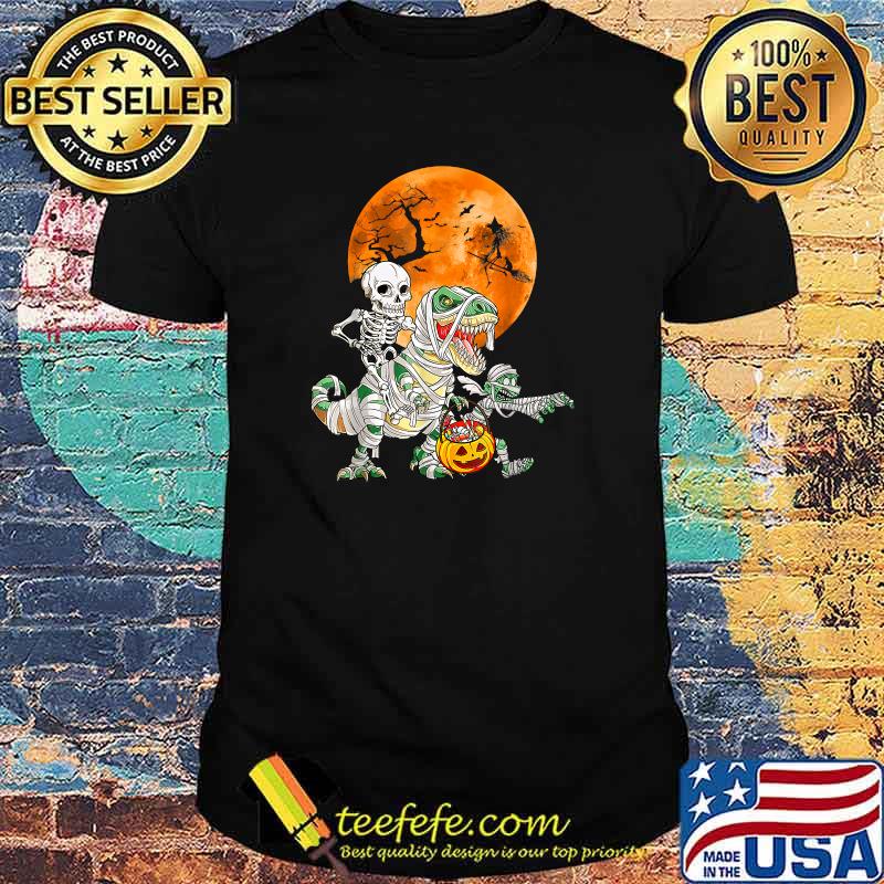 Skeleton Riding Mummy Dinosaur T rex Halloween Funny Pumpkin T-Shirt