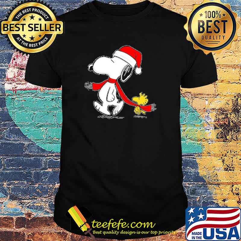 Snoopy wear santa hat and woodstock christmas shirt