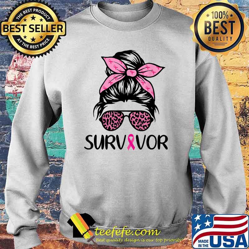 Survivor Breast Cancer Awareness Messy Bun Leopard Pink T-Shirt Sweater Survivor Breast Cancer Awareness Messy Bun Leopard Pink T-Shirt Sweater