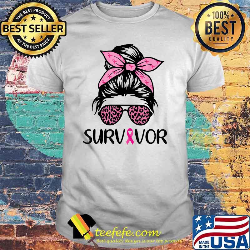 Survivor Breast Cancer Awareness Messy Bun Leopard Pink T-Shirt