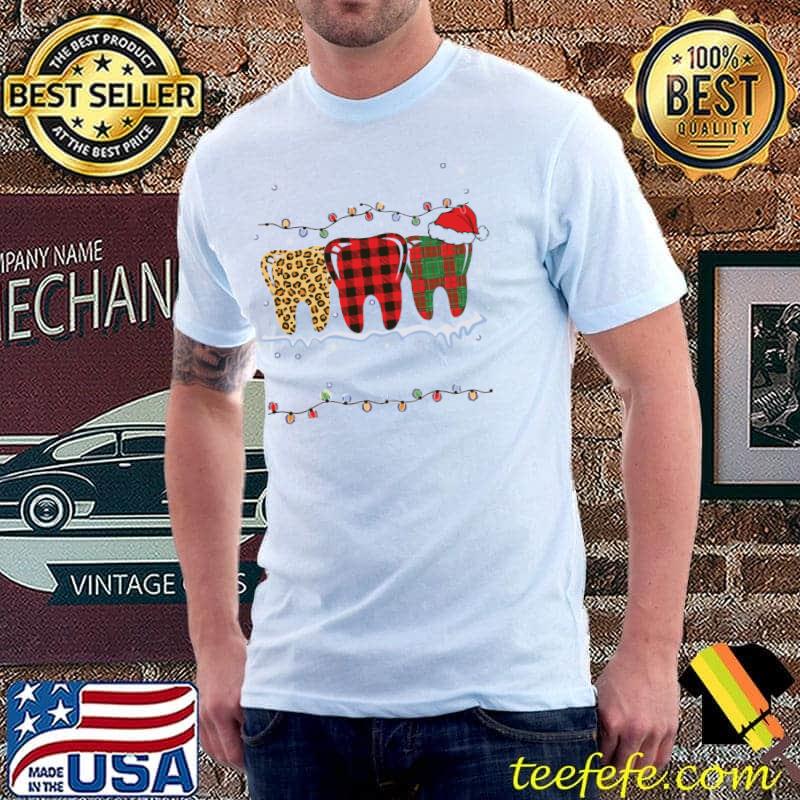 Tooths Merry Christmasth Buffalo Leopard Plaid Santa Claus Hat T-Shirt