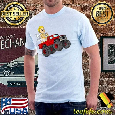 Valentines Day Cupid Riding Monster Truck Toddler Boys Kids T-Shirt