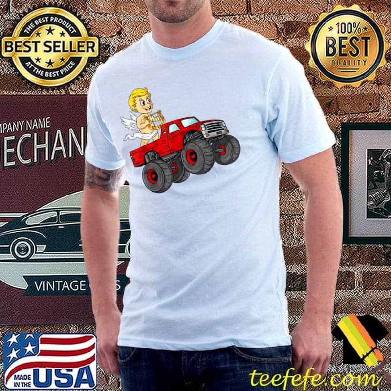 Valentines Day Cupid Riding Monster Truck Toddler Boys Kids T-Shirt