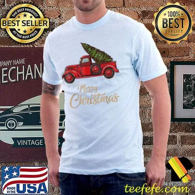Vintage Style Farm Red Truck with Christmas Tree Men Women T-Shirt