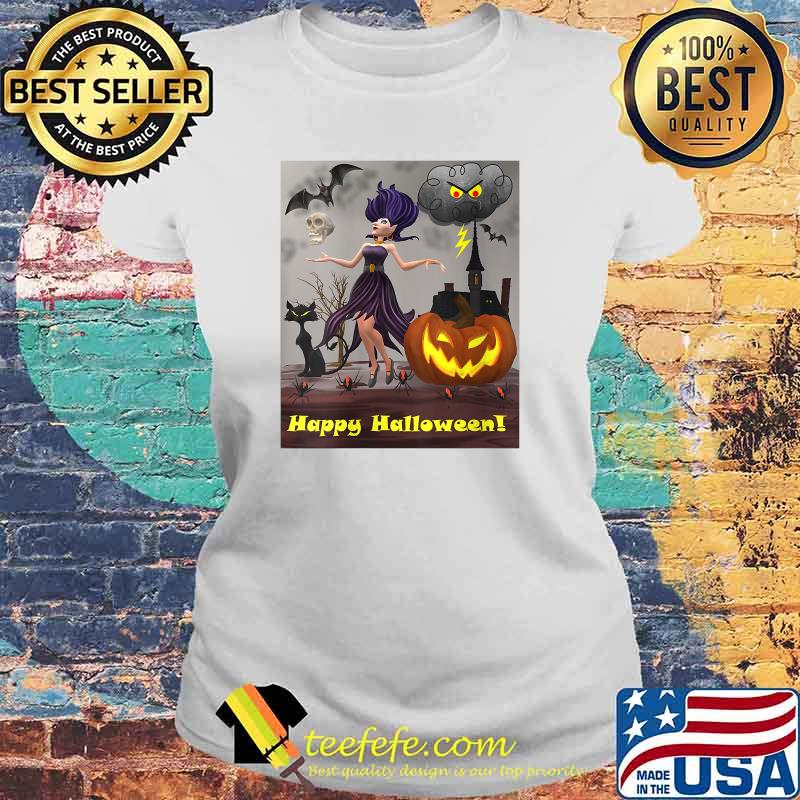 Witch with Black Cat, Bats & Pumpkin Halloween Special T-Shirt Laides tee Witch with Black Cat, Bats & Pumpkin Halloween Special T-Shirt Laides tee