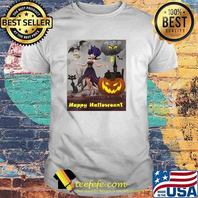 Witch with Black Cat, Bats & Pumpkin Halloween Special T-Shirt